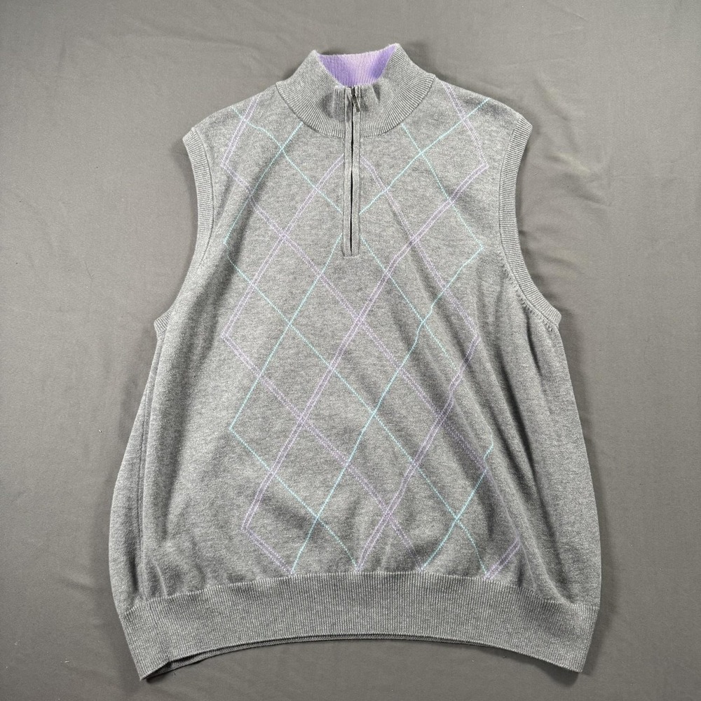 Bobby Jones Sweater Vest Mens Large Gray Quarter Zip Argyle Pima Cotton Golf